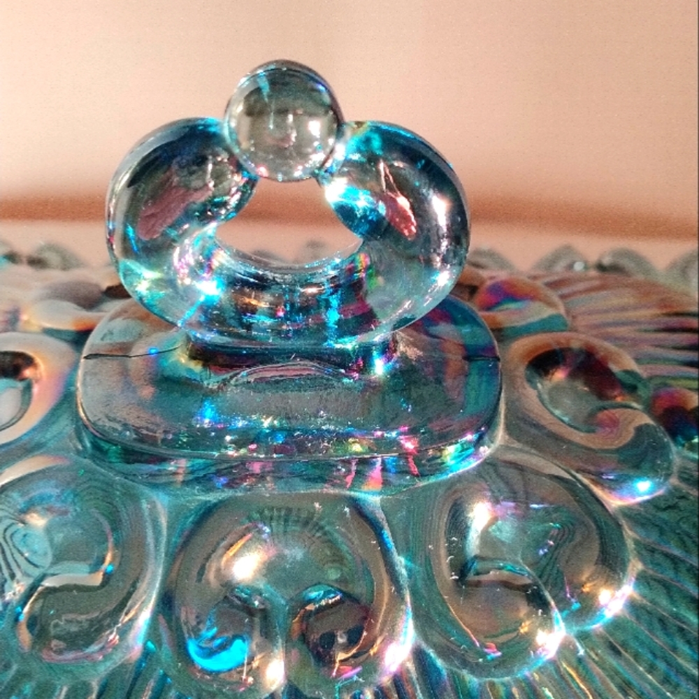 Carnival Indiana Iridescent Blue Glass Candy Dish with Lid - Picture 4 of 12